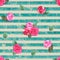 Vintage background with watercolor pink red roses on teal turquoise stripes seamless pattern