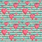 Vintage background with watercolor red hearts on teal turquoise stripes seamless pattern