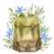 Vintage Backpack with blue Flowers and green plants. Hand drawn watercolor illustration of retro Back pack for travel