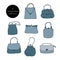 Vintage bags, clutches and purses ink set. Hand drawn vector illustration. Elegant and trendy