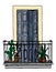 Vintage balcony with wrought iron railings and door with shutters in European style, sketch