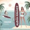 Vintage banner of Hawaiian island with a surf girl