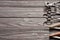 Vintage barber shop tools on wooden background