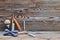 Vintage barber shop tools on wooden background