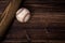 Vintage baseball gear on a wooden background