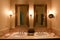 Vintage bathroom with cleaning set in hotel or resort. Interior of a classy bathroom with original furniture.