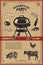 Vintage bbq party poster template. Grill, steak, meat, beer bottle and mug. Cow, pork, chicken butcher diagram.