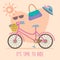 Vintage beautiful bicycle cute bike with hat sunglass bag in flat color style