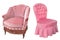 Vintage beautiful pink velor armchairs on wheels isolated on white background