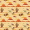 Vintage beautiful seamless desert illustration pattern. Landscape with cactus, mountains, cowboy on horse, sunset