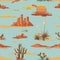 Vintage beautiful seamless desert illustration pattern. Landscape with cactus, mountains, cowboy on horse, sunset