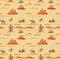 Vintage beautiful seamless desert illustration pattern. Landscape with cactus, mountains, cowboy on horse, sunset