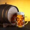 Vintage beer barrel with huge beer glass on wooden table