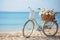 Vintage bicycle at beach in morning with wicker basket and flowers