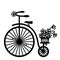 Vintage bicycle with flowers in wicker basket. Vector graphic illustration of old-style bike silhouette for print isolated on