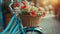 A vintage bicycle\\\'s details, including a meticulously arranged flower basket