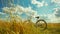 vintage bicycle stands in a breezy grassland generative ai