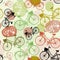 Vintage bicycles, , seamless pattern, pastel green brown beige colors