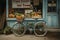 Vintage bike with a basket of fresh produce parked by a rustic organic farm shop