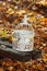 Vintage birdcage standing on wooden bench, white candles inside