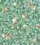 Vintage birds in foliage with birds and fruits seamless pattern on light green background. Middle ages William Morris
