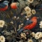 Vintage birds in strawberries garden seamless pattern, created with generative AI