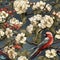 Vintage birds in strawberries garden seamless pattern, created with generative AI