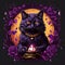 A Vintage Black Cat\\\'s Journey Through Dark Academia, Infused with Vibrant Purple Hues and Mystical Crystals