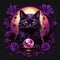 A Vintage Black Cat\\\'s Magical Journey in Dark Academia, Infused with Vibrant Purple Hues and Crystal
