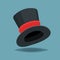 Vintage black gentleman top hat ith red stripe isolated on blue background. Vector flat design cloth illustration