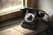 Vintage black landline telephone on a shabby windowsill