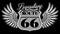 Vintage black and white emblem of route 66 with wings.