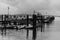 Vintage black and white photo of Russel Wharf on a stormy day