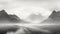 Vintage Black And White Photograph Of Desert And Rocky Mountains With Canoe