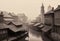 Vintage black and white (sepia) photograph of the old town of the 19th century with fog and smoke