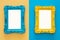 Vintage blank blue and yellow photo frames over double colorful background. Ready for photography montage. Top view from above.