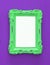 Vintage blank green photo frame over ultra violet background. Ready for photography montage. Top view from above.