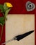 Vintage blank preachment, yellow rose, ornate silver quill stand and ornamented quill - Love letter concept