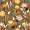 Vintage Blooming protea flowers in the garden full of botanical plants seamless pattern in vector design for fashion,web,wallpaper