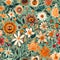 Vintage Blossoms: White and Orange Flowers on Green Canvas