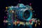 Vintage Blue Camera on Dark Background with Colorful Confetti, Perfect for Holiday, Celebration, and Capturing Memories