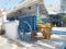 vintage blue cart at the entrance of a restaurant, Protaras, Cyprus.