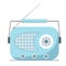 Vintage blue radio with antenna, speaker, buttons, channels. Vector