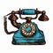 Vintage Blue Rotary Telephone Drawing - Dark Amber And Turquoise Style