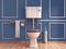 Vintage blue tones empty restroom 3d render image