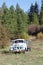 Vintage blue truck in farmyard of Liberty historical townsite