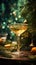 Vintage bohemian crystal glass with a vermouth drink. Christmas greeting card concept. AI generated image