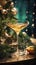 Vintage bohemian crystal glass with a vermouth drink. Christmas greeting card concept. AI generated image