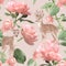 Vintage bohemian Seamless pattern. Woodland love couple deers with pink roses on beige background. Realistic hand drawn illustrati