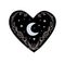 Vintage boho tattoo for a witch, black heart with a crescent moon, stars and flowers, tarot card. Hand drawing, vector